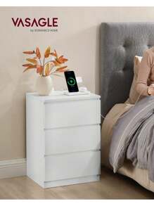 VASAGLE Bedside Table With Charging Station, Side End Table With 3 Drawers, 2 AC Outlets, 2 USB Ports, Bevelled Drawer Fronts, For Living Room, Bedroom, Study, Modern - UK Plug(220-240V) - View 1