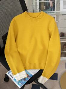 Suéter de cuello redondo de manga larga con parches de mujer, unicolor, para el hogar, uso diario, escuela, exterior, otoño/invierno, regreso a la escuela, casual - Amarillo - Ver 10