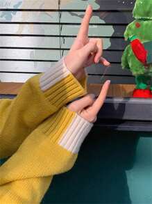 Suéter de cuello redondo de manga larga con parches de mujer, unicolor, para el hogar, uso diario, escuela, exterior, otoño/invierno, regreso a la escuela, casual - Amarillo - Ver 8