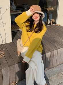Suéter de cuello redondo de manga larga con parches de mujer, unicolor, para el hogar, uso diario, escuela, exterior, otoño/invierno, regreso a la escuela, casual - Amarillo - Ver 7