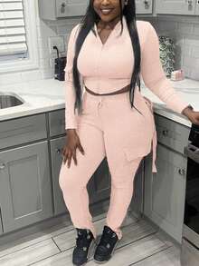 Women Spring And Fall Two Pieces Set High Stretchy And Hoodie Women Fashionalbe Solid Color Hooded Jackets & Leggings - 粉色 - 查看 3