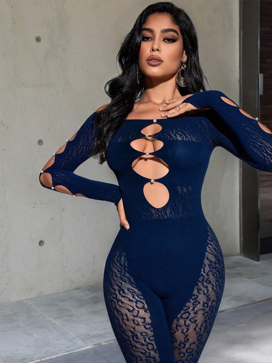 Off Shoulder Cut Out Front Contrast Lace Unitard Jumpsuit