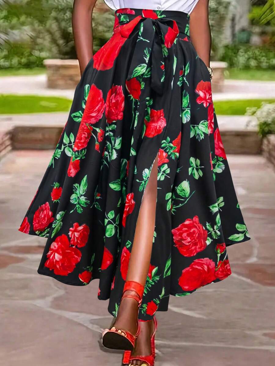 Floral Print Split Thigh Belted Skirt - Multicolor - View 1