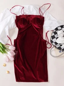 1件女裝彈性天鵝絨中空性感睡裙 - 酒紅色 - 查看 7