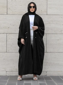 Plus Size Women Modest Modern Striped Casual Turkish Style Abaya Long Robe - Black - View 2