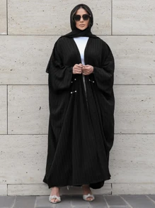 Plus Size Women Modest Modern Striped Casual Turkish Style Abaya Long Robe - Black - View 1