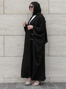 Plus Size Women Modest Modern Striped Casual Turkish Style Abaya Long Robe - Black - View 3