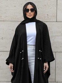 Plus Size Women Modest Modern Striped Casual Turkish Style Abaya Long Robe - Black - View 6