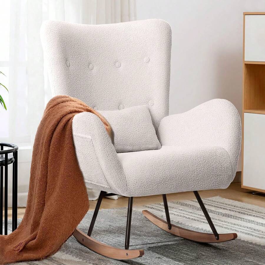 Nursery Rocking Chair, Teddy Upholstered Rocking Chair Indoor With High Backrest Rocking Accent Chair, Pink Padded Seat Nursing Chair With Headrest Comfy Chair For Bed Room - 白色 - 查看 1