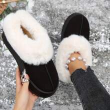 Womens Slippers Winter - Thick Flat Suede Shearling Shoes: Warm & Comfy Snow Shoes With Thick Soles, Short Boots Casual For Women - 黑色 - 查看 4