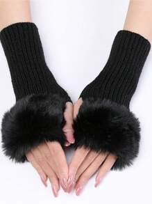 1 Pair Autumn/Winter Outdoor Warm Fashionable Faux Furry Cuff Striped Knitted Arm Warmers For Women