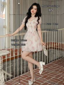 Summer Women Bow Mesh Back To School Dress New Fall Dresses Korean Style Casual Pink Concert Outfits For Women Sweet Puff Sleeve Birthday Party Prom Y2K Short Dress Homecoming School Clothes - Pink - View 5