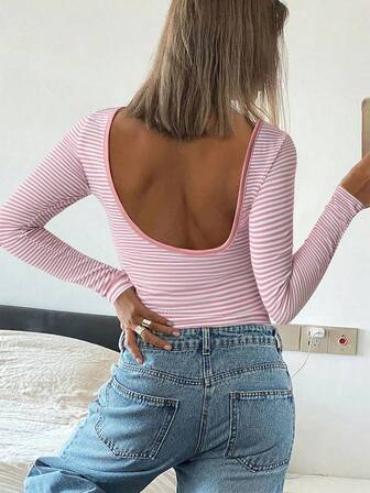 Vaiaye Women's French Sexy Backless Striped Knit Long-Sleeve Christmas Slim Top