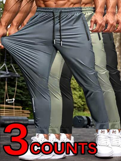 3 piezas Pantalones Capri deportivos de alta elasticidad para hombre, con bolsillos con cremallera, cintura y puños elásticos, adecuados para uso casual, deportes, fitness, trotar, reflectante