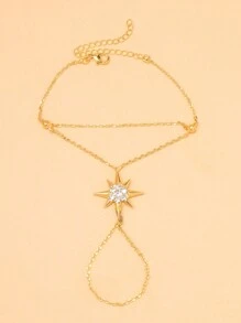 STONEFANS 1pc Adjustable Gold Hexagram Rhinestones Linked Finger Bracelet, And Stylish - Gold - View 5