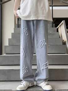 Teen Boy Distressed Lightning Embroidered Patch Light Blue Denim Jeans