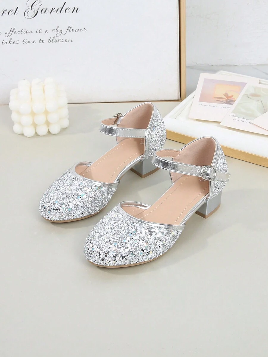 High-End Fashion Elegant Sequin Hollow Out Chunky Heel Shoes, Lightweight Non-Slip Soft Bottom Dress Shoes, Suitable For Performance, Party, Wedding - Silver - View 1