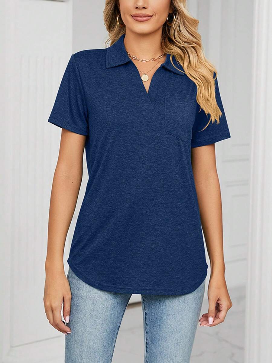 Summer Navy Blue Solid Polo Neck Short Sleeve Shirts For Women, V-Neck Curved Hem Casual Blouse With Chest Pocket - 藏蓝色 - 查看 1