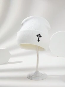 1 chiếc Mũ len đan ấm áp thêu chữ thập co giãn thời trang thường ngày dành cho cả nam và nữ, kiểu dáng đơn giản, phù hợp để phối đồ hàng ngày, trang phục thu đông - Một kích thước phù hợp với tất cả - Xem 5