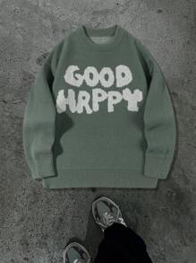 Unisex Graphic Knit Sweater, Loose Fit, Streetwear Style, Round Neck, Suitable For Spring, Autumn, Winter