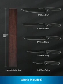Set di 6 coltelli ACOQOOS con supporto magnetico per montare a parete, senza necessità di forare, include 5 coltelli e 1 striscia magnetica, regalo perfetto per la cucina di tutti i giorni, facile da usare