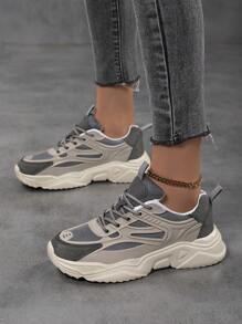 Sporty Front Chunky Sneakers For Women,Colorblock Leather Lace-Up Shoes Women Boots Women Lightweight Breathable Sneakers Women Shoes Outdoor Sports Shoes For Women Running Shoes Comfortable Casual Shoes For Women