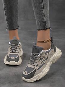 Sporty Front Chunky Sneakers For Women,Colorblock Leather Lace-Up Shoes Women Boots Women Lightweight Breathable Sneakers Women Shoes Outdoor Sports Shoes For Women Running Shoes Comfortable Casual Shoes For Women