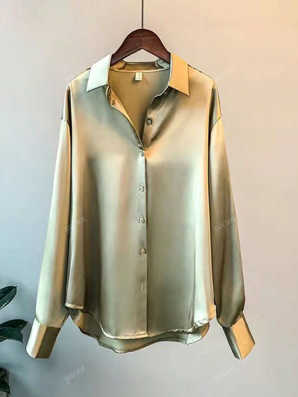Bluză de damă, elegantă, versatilă, drapată, vintage, cu mâneci lungi, din satin, primăvară/vară