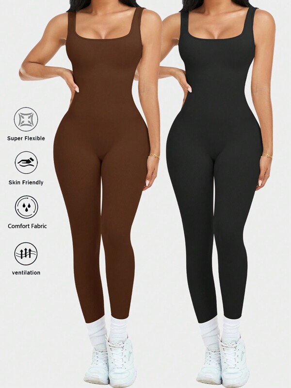 Womens Workout Rompers Jumpsuits Seamless Ribbed Yoga Gym One Piece Sleeveless Square Neck Tank Top Leggings Unitard Fall Women Outfits