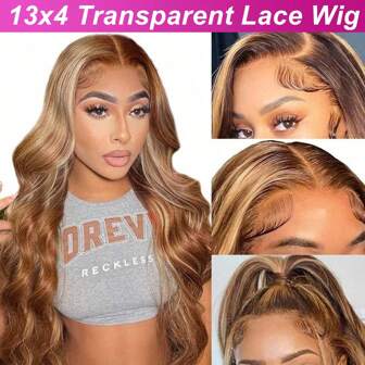 13x4 高光波浪透明蕾丝前假发人发渐变色 P4/27 蜜金色 13x4 女士前部假发 180% 无胶假发预拔
