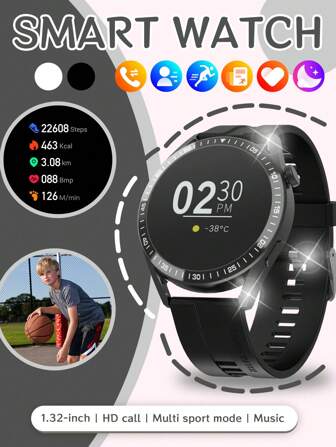 热门 1 件 1.32 英寸高清触摸屏智能手表，适合青少年和青年，配有硅胶表带，具有体温、天气预报、蓝牙、运动追踪、来电提醒等功能，兼容 Android 和 IOS，适合送礼、学校、运动、聚会