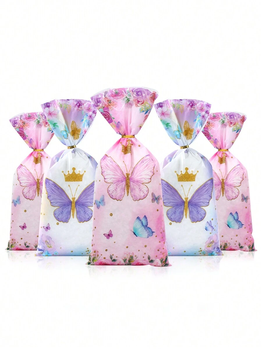 25/50/100 件紫粉色蝴蝶礼品袋（带扭结），紫粉色蝴蝶主题生日宝贝派对礼品包装用品，紫粉色蝴蝶礼品包装用品，派对礼品，生日礼物派对礼物 - 彩色 - 查看 1