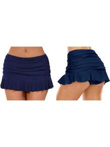 Women's Swimsuit Skirts Casual Low Waist Solid Color Ruffle Mini Skirts Ruched Bikini Bottoms - 湖藍色 - 查看 2