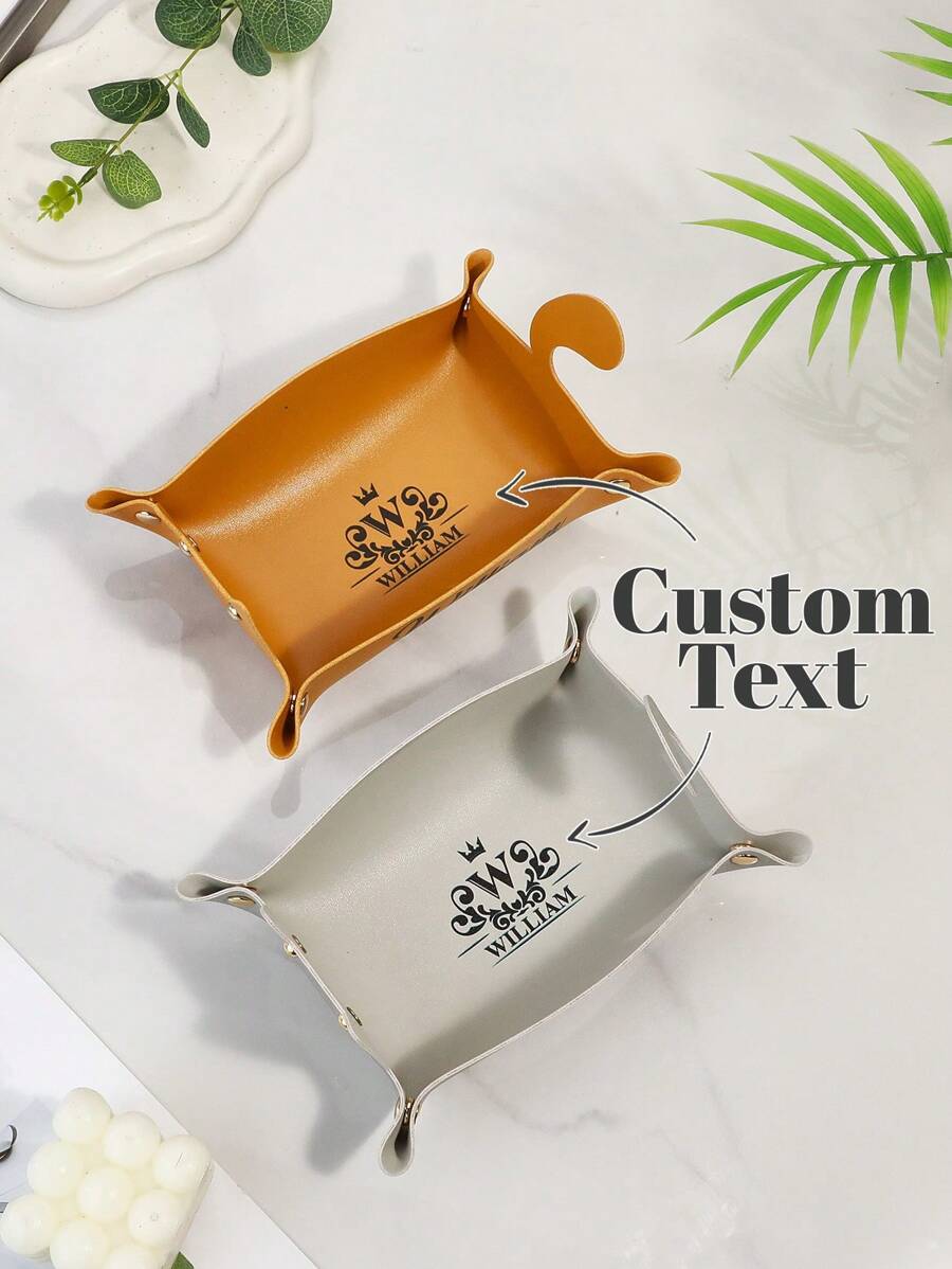 1pc Custom Cute Cat Shape Leather Storage Tray With Name, Personalized Text Dice Box, Personalized Coin Desktop Jewelry Box, Custom Leather Storage Tray, Custom Text Makeup Key Tray DIY Household Folding Tray Storage Case, - Multicolor - View 1