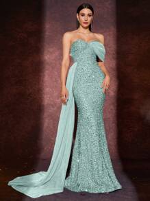 Váy đuôi cá một vai sequin thanh lịch dành cho nữ, phù hợp cho tiệc tối, đám cưới, tiệc chiêu đãi - Xem 5