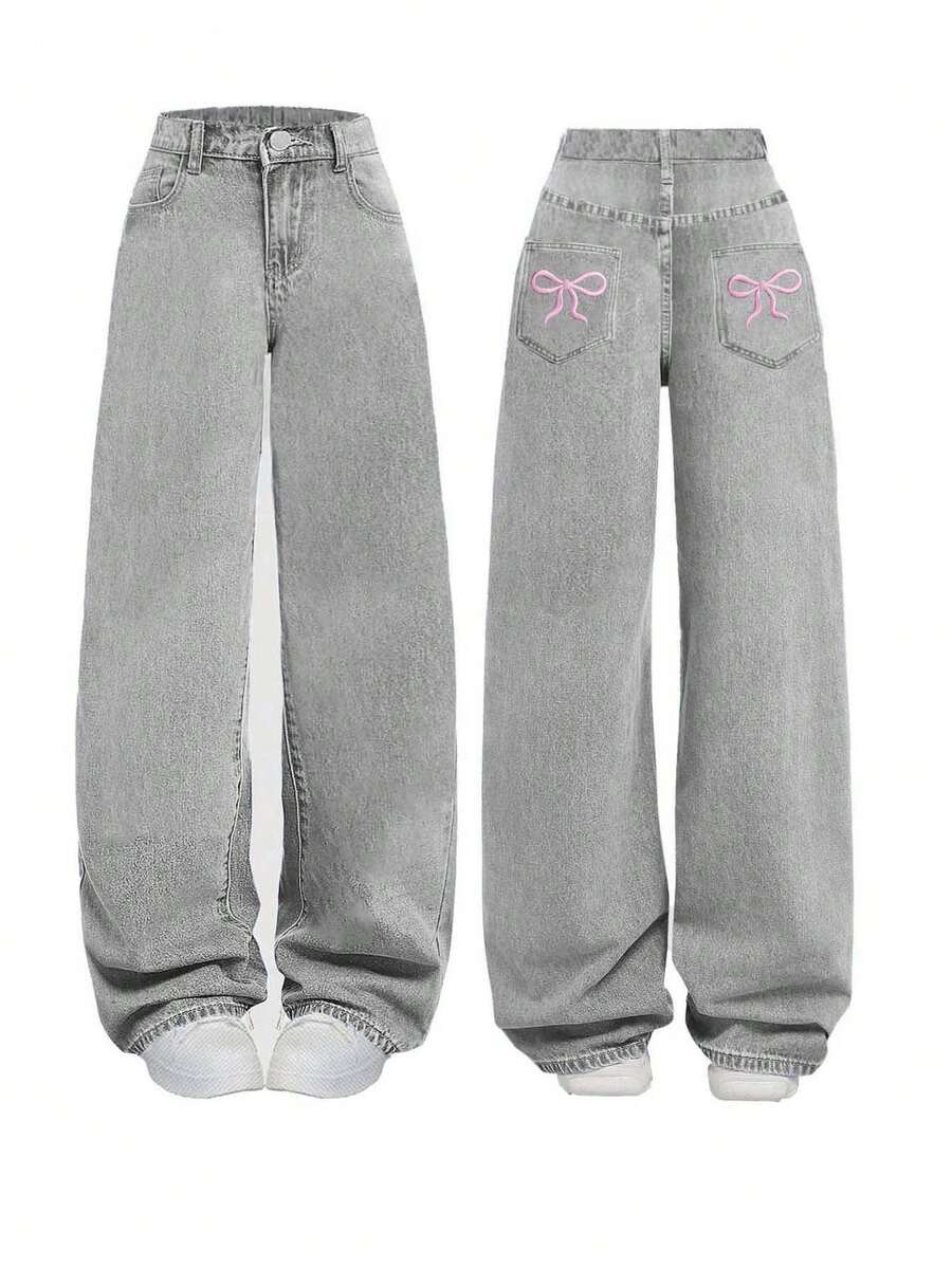 Women's Casual Bow Embroidery Denim Jeans, Spring/Autumn - Grey - View 1
