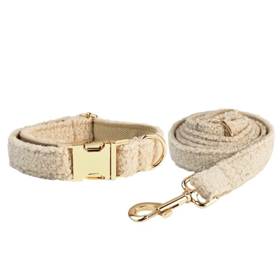 2pcs Set, INS Fashion, Light Beige & Coffee Toned Teddy Zinc Alloy Buckle Dog Collar And Leash Set, Double Layered Thick Fabric, Adjustable Size Pet Dog Supplies, New Year Holiday Birthday Gift Suitable For Large/Medium/Small Pets, Soft & Comfortable, Sturdy Zinc Alloy Plated Gold Buckle, More Durable Than Plastic, Easy To Tighten & Quick Release (Color May Slightly Vary Due To Fabric Batch)