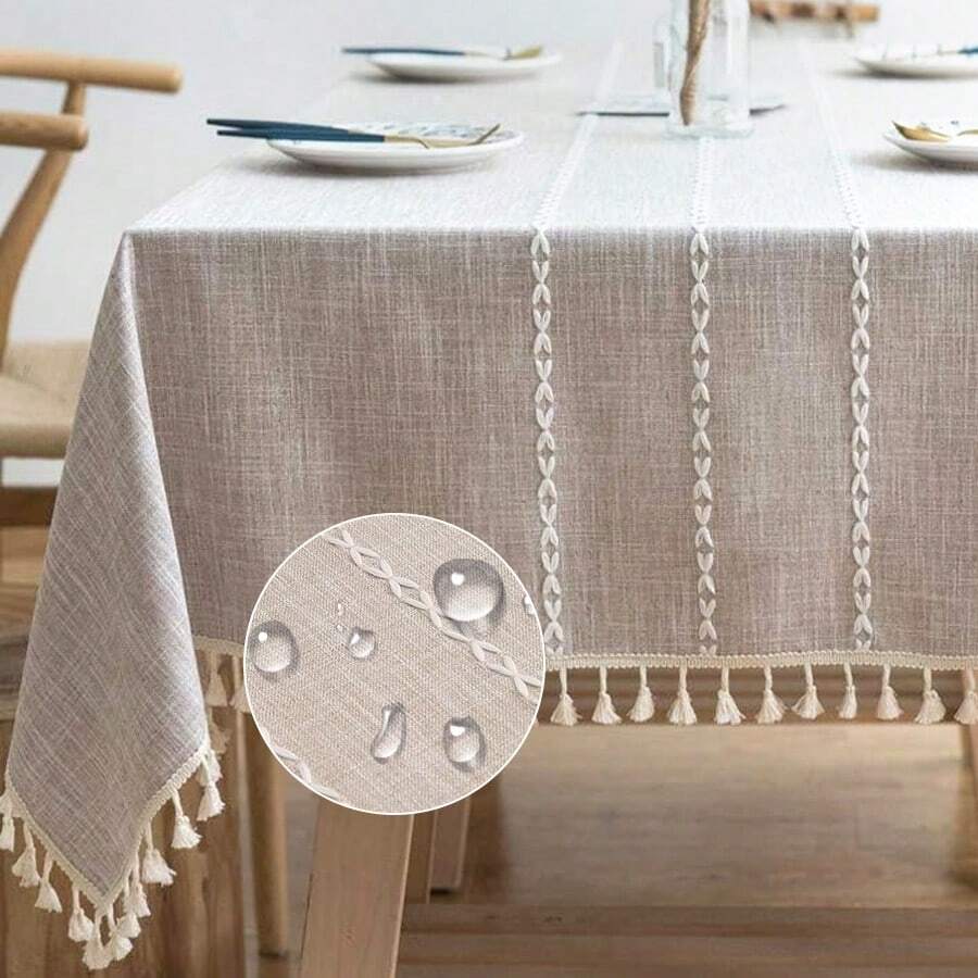 1 Stück einfarbige Streifentischdecke mit Quasten, einfach elegante, wasserdichte und waschbare Tischdecke, geeignet für Picknick, Camping, Hochzeit, Geburtstag, Thanksgiving, Restaurant und Buffet, Küchen- und Esszimmer Dekoration