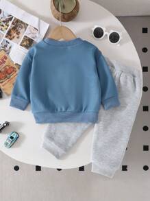 2 bucăți/Set pentru bebeluși băieți, cu mâneci lungi brodate cu litere și pantaloni căptușiți termic îngroșați, cu buzunare, potriviți pentru ocazional, sport și joacă în aer liber - Multicolor - Vizualizare 2