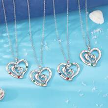 1 PC Personalized Custom Necklace, Fashionable And Exquisite Necklace, Unique Design, Custom Engraved Text, Custom Inlaid Birthstone, Durable Copper Necklace, Hollow Heart With Exquisite Dolphin Pattern Design Necklace, Very Meaningful, Perfect Valentine's Day Custom Gift For Your Lover, Perfect Christmas Gift. - Silver - View 7