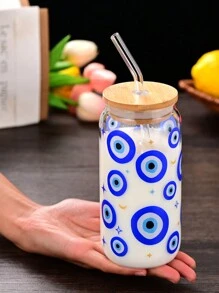 1 pieza Vaso de vidrio con pajita con estampado gráfico de ojo creativo y ojo azul, botella de agua portátil con tapa y pajita de bambú, apropiada para café con hielo, cerveza, jugo, bebidas, leche, regalo de cumpleaños, regalo de Navidad, regalo del Día de la Madre, regalo del Día de San Valentín