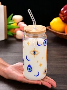 1 pieza Vaso de vidrio con pajita con estampado gráfico de ojo creativo y ojo azul, botella de agua portátil con tapa y pajita de bambú, apropiada para café con hielo, cerveza, jugo, bebidas, leche, regalo de cumpleaños, regalo de Navidad, regalo del Día de la Madre, regalo del Día de San Valentín