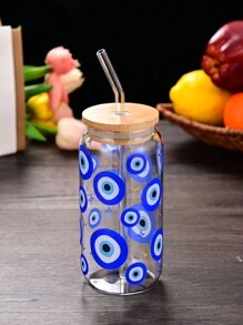 1 pieza Vaso de vidrio con pajita con estampado gráfico de ojo creativo y ojo azul, botella de agua portátil con tapa y pajita de bambú, apropiada para café con hielo, cerveza, jugo, bebidas, leche, regalo de cumpleaños, regalo de Navidad, regalo del Día de la Madre, regalo del Día de San Valentín