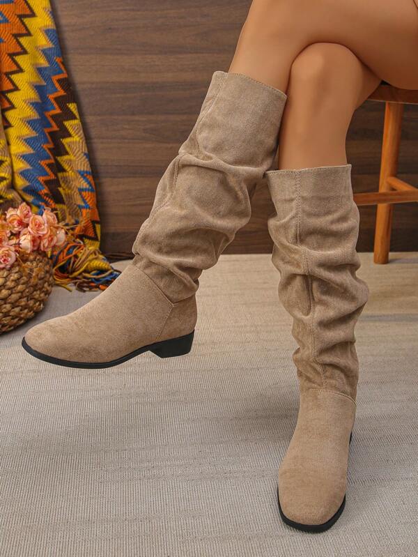 Retro Brązowe V-Cut Wysokie Buty, 2024 Jesień/Zima Szpiczasty Nosek Gruby Obcas Zamszowe Wysokie Buty Do Kolan, Wyszczuplające Nogi Dla Krótkich, Plus Size Kobiety