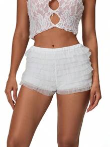 Pantalones cortos para mujer, shorts casuales de cintura elástica sólida con diseño de capas, ajuste delgado, para uso clubwear en verano - Blanco - Ver 2