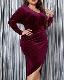 Women's Plus Size Velvet Dress Solid Color Long Sleeve V-Neck Bodycon Dress Formal Prom Gowns - Red - View 7