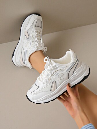 女式圆头系带厚底学生风格增高休闲舒适厚底运动鞋