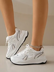 女士圆头系带厚底学生休闲舒适厚底运动鞋 - 白色 - 查看 5