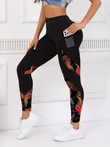 Quần legging thể thao in họa tiết màu tương phản dành cho nữ, thiết kế túi - Nhiều màu - Xem 3