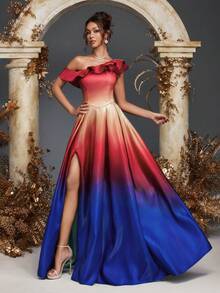 Vestido de fiesta de un hombro con colores contrastantes, abertura en el muslo, para bodas, eventos, cena, graduación, San Valentín, Año Nuevo, vacaciones, Pascua - Multicolor - Ver 3